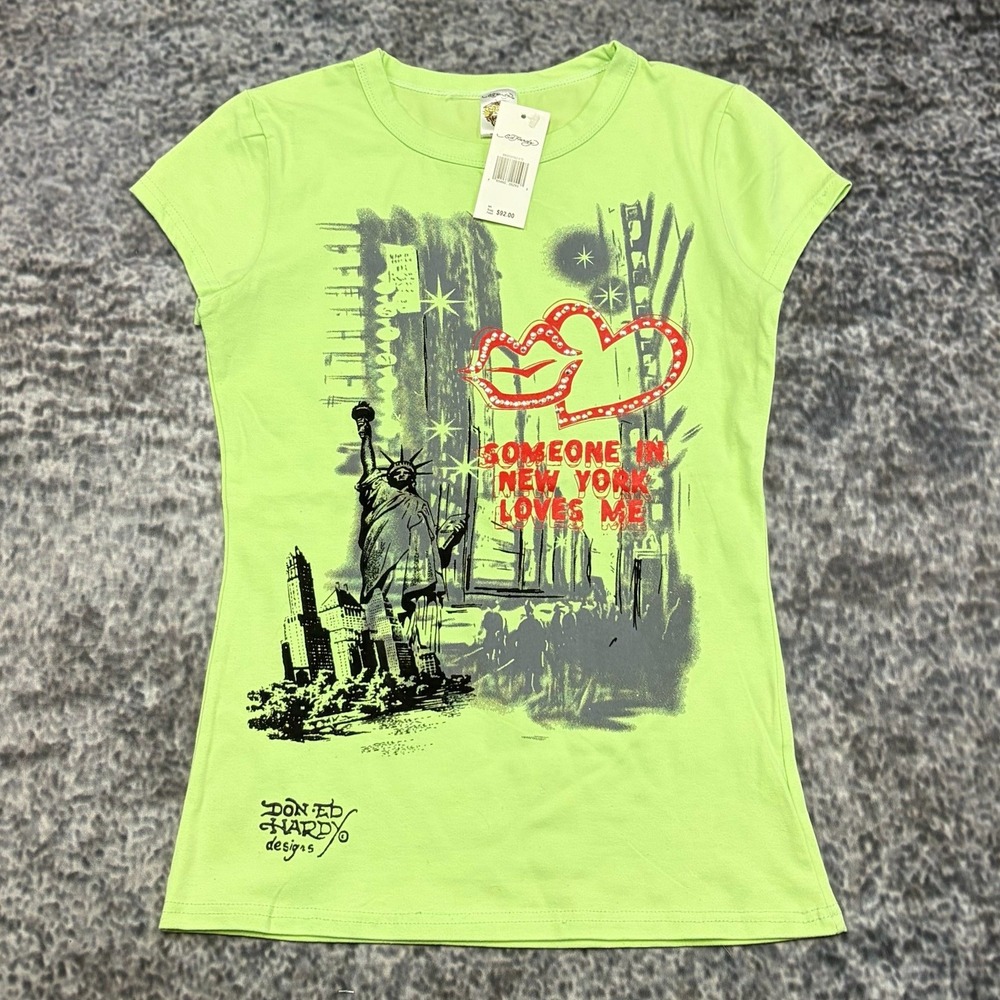 NWT Ed Hardy Short Sleeve Top Size Large Green New York City Grunge Vintage Y2K